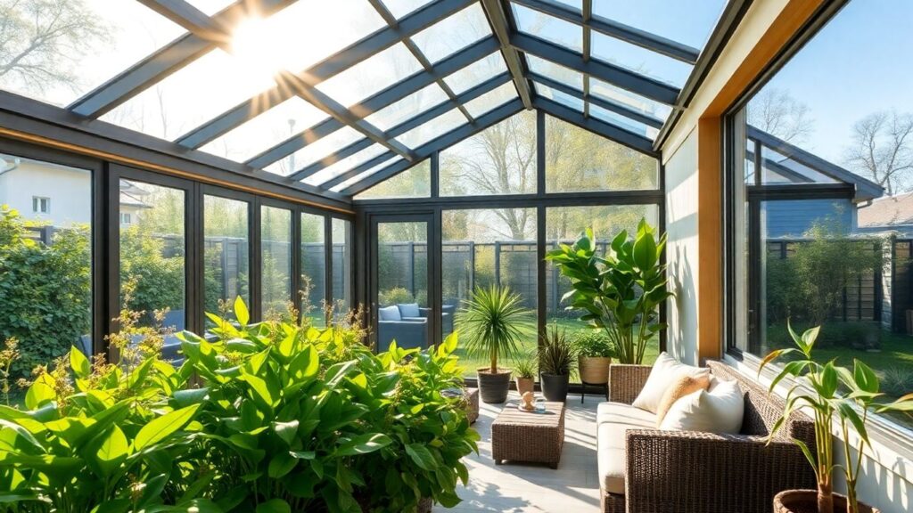 Wintergarten als Wohnraumerweiterung mit Pflanzen und Möbeln.