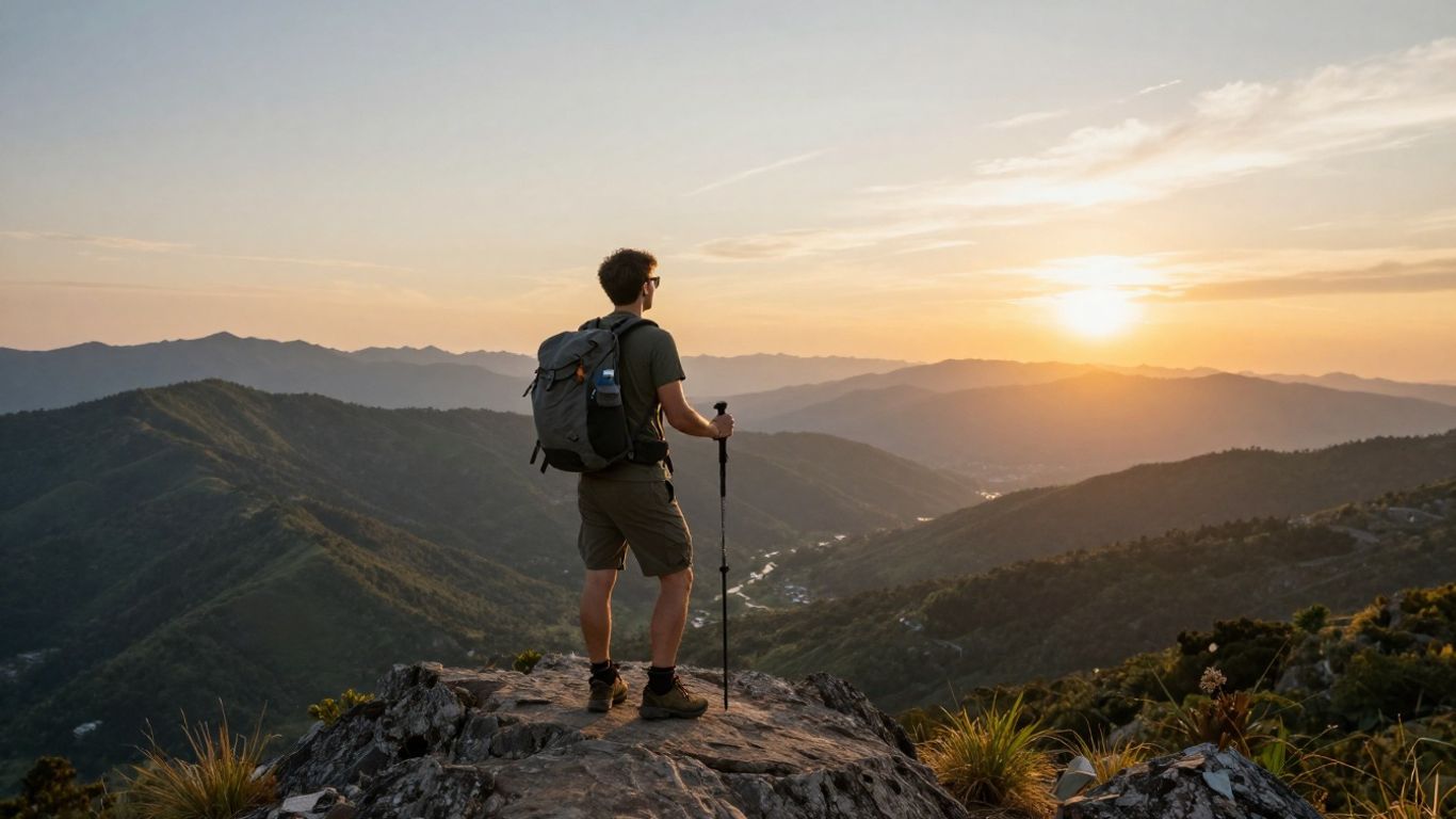 Wanderer auf einem Berggipfel bei Sonnenuntergang