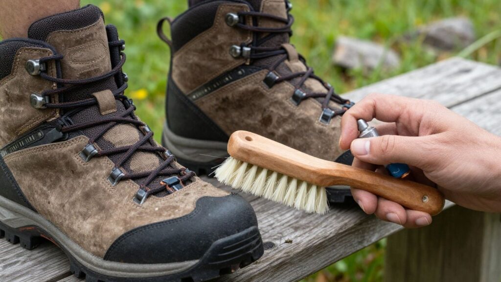 Wanderschuhe werden draußen gereinigt und imprägniert