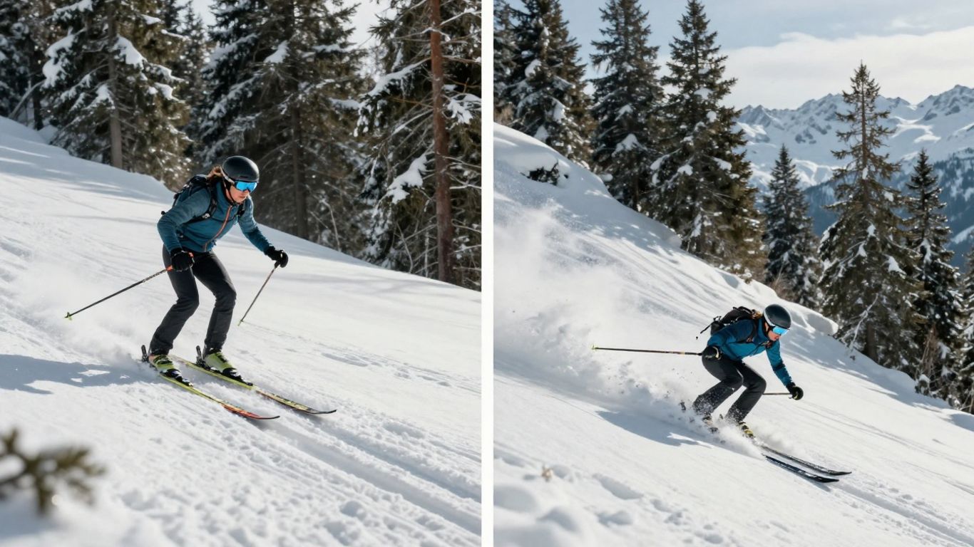 Langlauf- und Alpin-Skifahrer auf verschneiten Hängen
