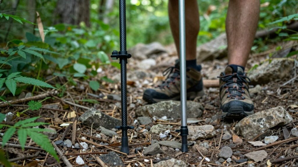 Carbon- und Aluminium-Trekkingstöcke im Wald nebeneinander