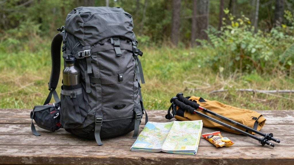 Wanderrucksack mit Ausrüstung auf Holzboden im Freien