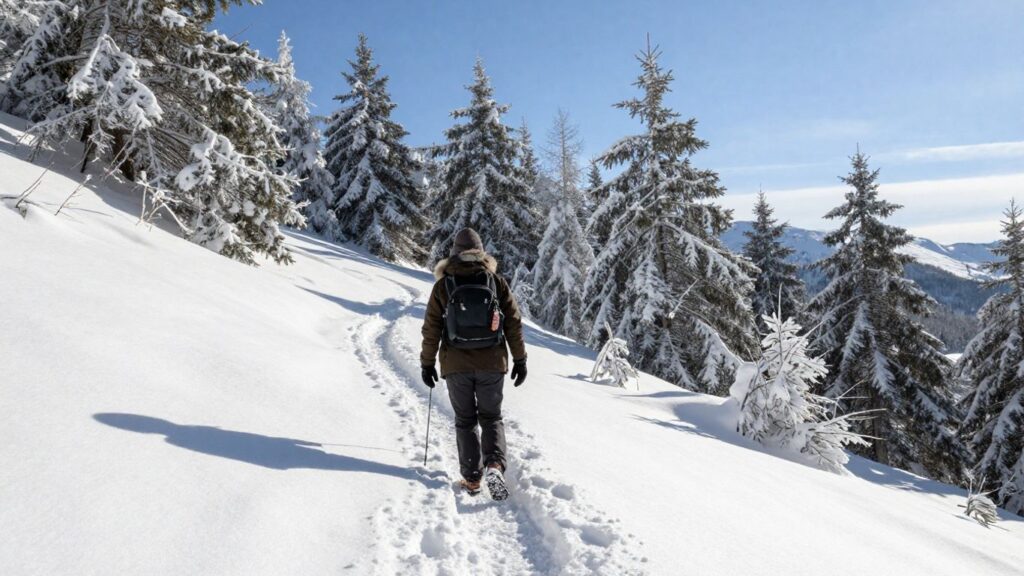 Winterwanderer auf verschneitem Bergpfad