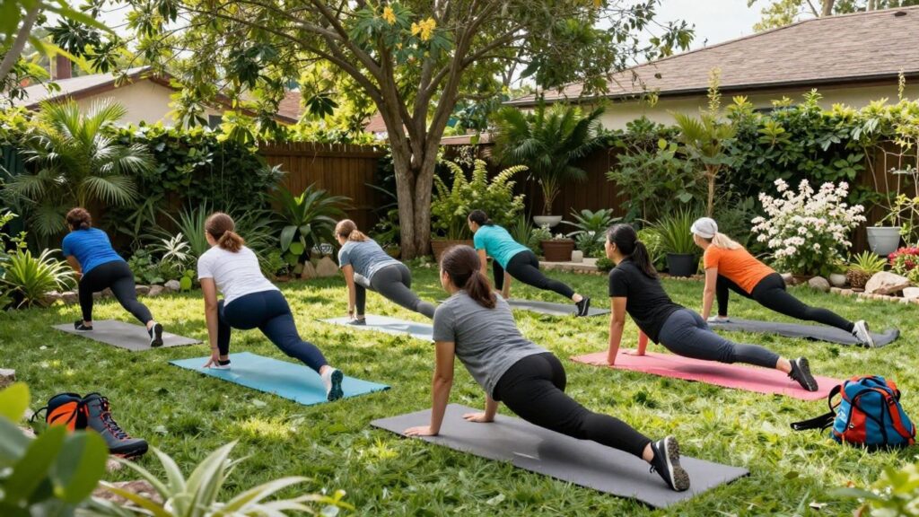 Menschen trainieren im Garten mit Fitness- und Wanderausrüstung