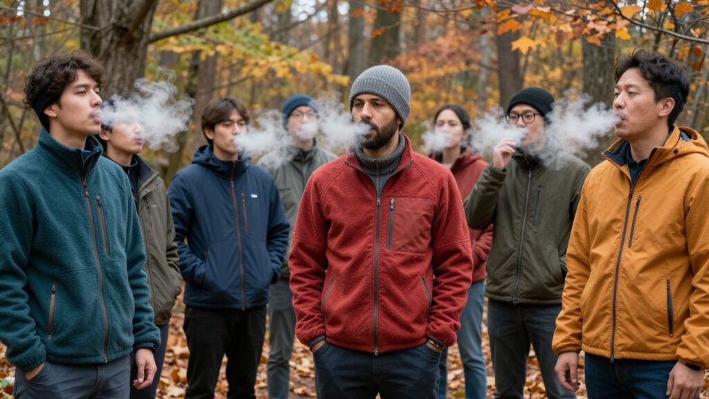 Personen mit Fleecejacken im herbstlichen Wald an kühler Luft.