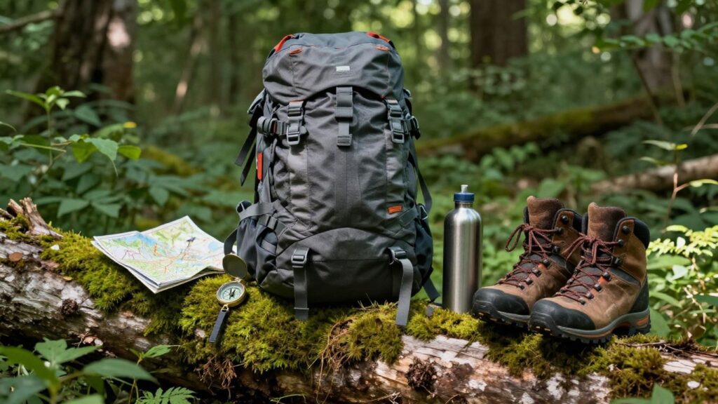 Rucksack mit Wanderzubehör im Wald
