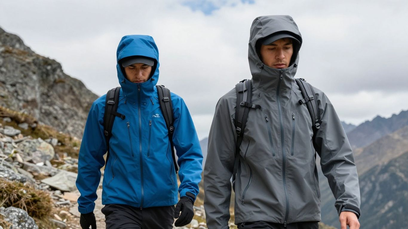 Zwei Wanderer mit Hardshell- und Softshelljacke in den Bergen