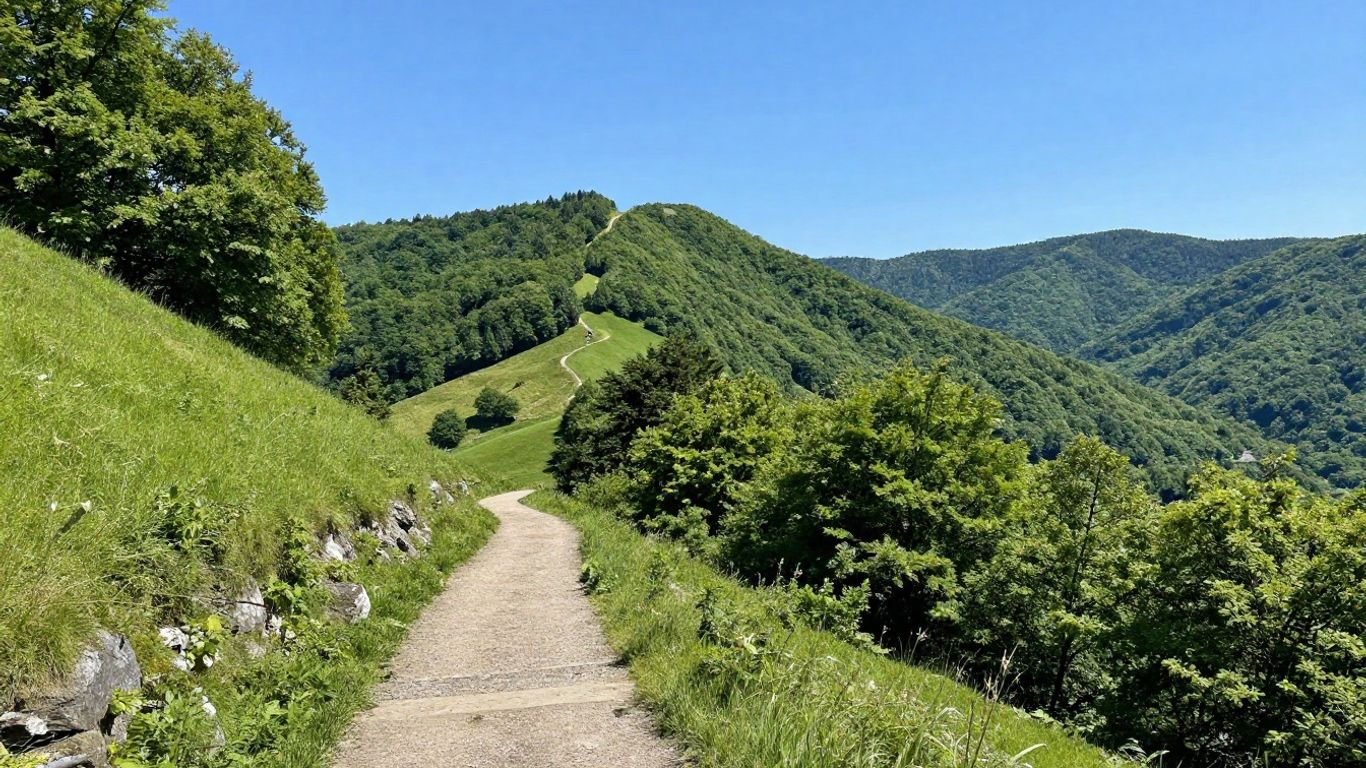 Wanderweg im Rhein-Neckar-Gebiet mit Wäldern und Hügeln.